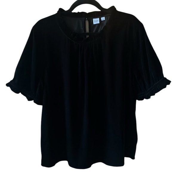 Gap XL Black Short Sleeve Velvet Blpuse Ruffle Collar & Sleeve Holiday Essential - Picture 1 of 7